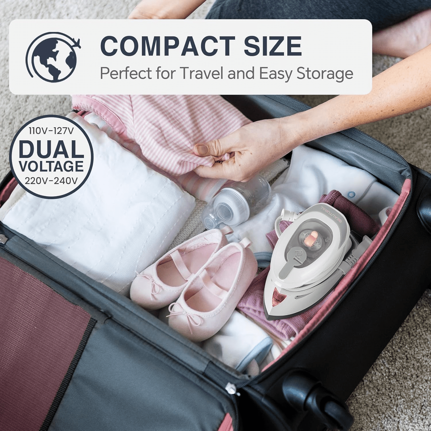 BEAUTURAL Mini Travel Steam Iron for Clothes with Dual Voltage, Temperature Control, Non-Stick Soleplate and Cord Storage, Ideal for Sewing, Quilting and Handcraft