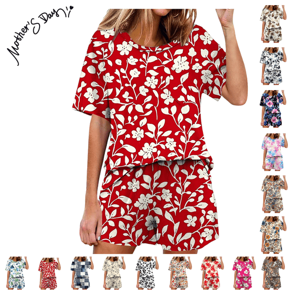 Maqroz Pajama Sets for Women 2 Piece Soft Sleepwear Short Sleeve Top and Shorts 2 Piece Loungewear Floral Print Nightwear with Pockets Comfortable Breathable Pjs Sets Casual Home Wear