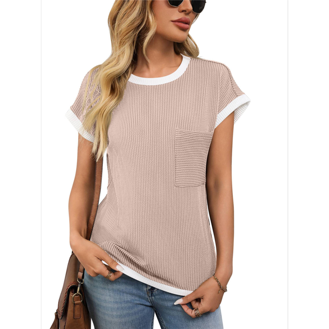 Women's Short Sleeve T Shirts Crewneck Color Block Ribbed Knit Tee Blouses 2025 Summer Tops