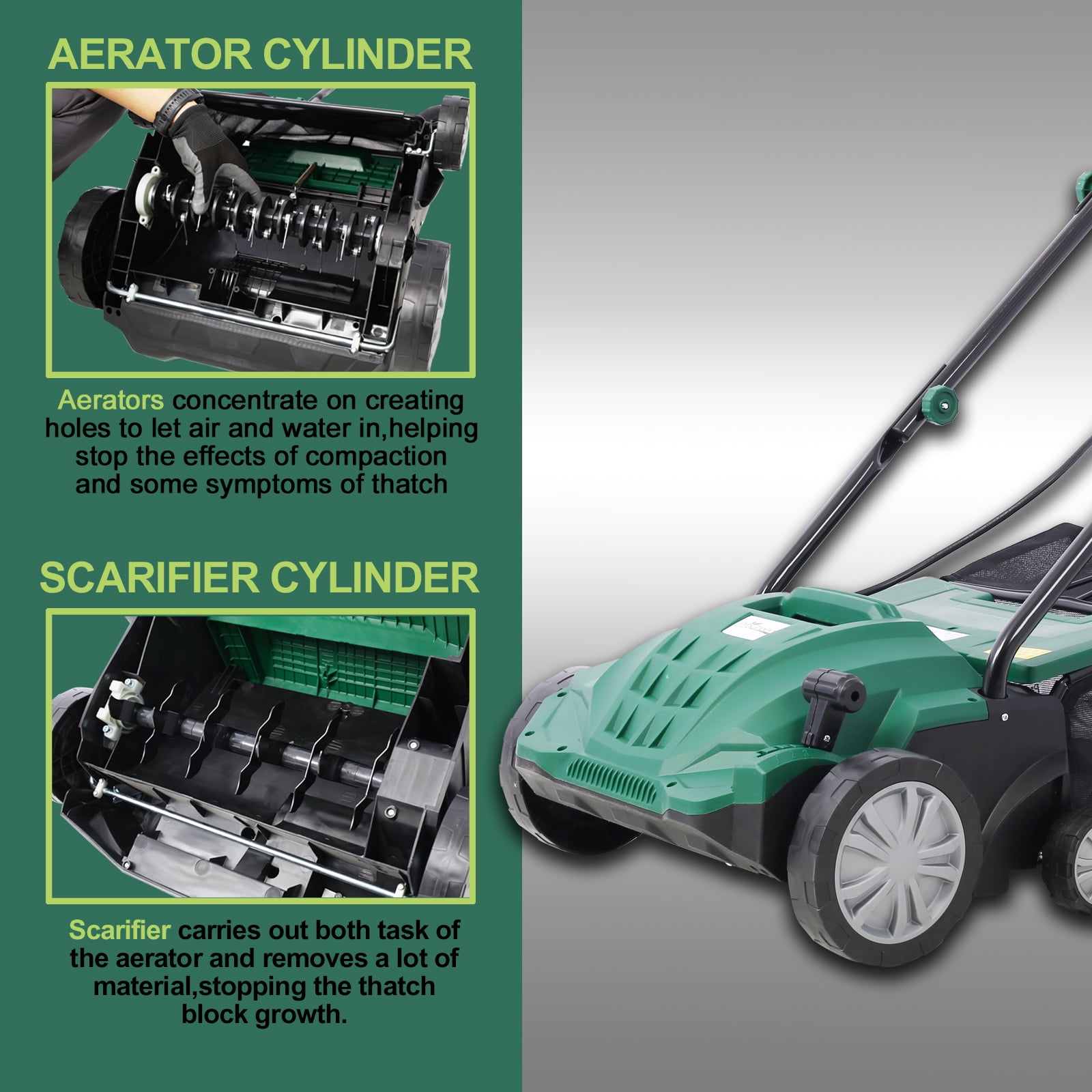 Lawn Dethatcher & Scarifier, Seizeen 12 Amp Electric Lawn Dethatcher with Scarifier Blade, 13-Inch Path and 31.7QT Removable Bag, 4-Position Height Adjustment, 3600rpm Motor