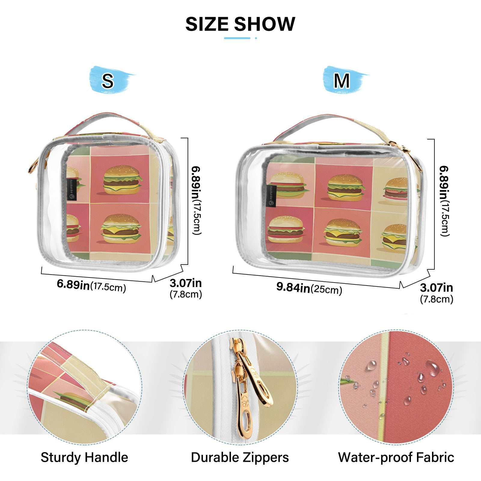 Clear Makeup Bags with Handle Large Opening 2 Pack Set Toiletry Bag Quart Size Bag, for Women Man Traveling Travel Essentials, Toiletries and Other. Colorful Hamburger