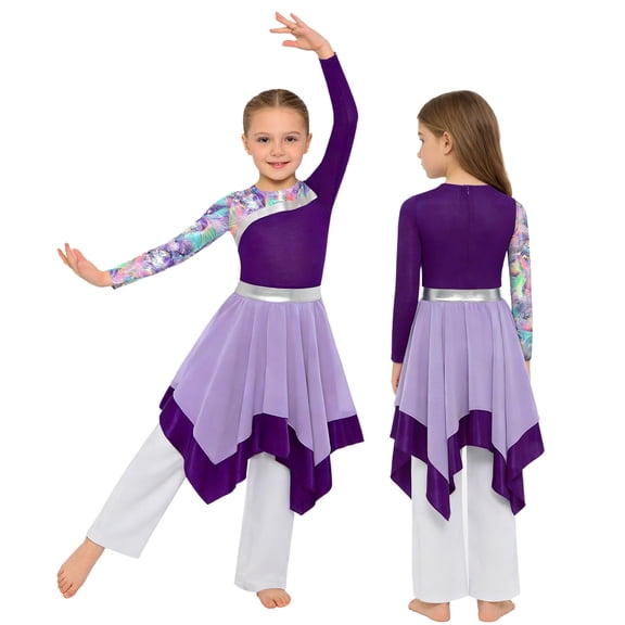 YiZYiF Kids Girls Worship Praise Dance Outfit 2-Piece Printed Irregular Liturgical Dress with Wide Leg Pants Set Purple White 16