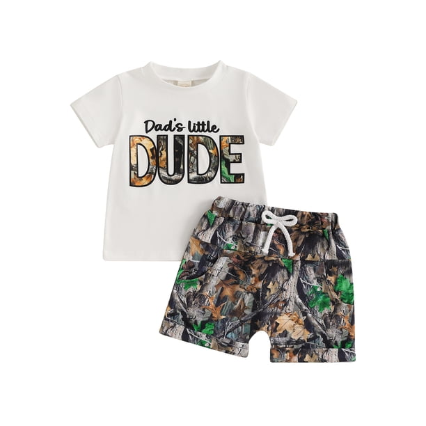 Conjunto de pantalón corto para bebé niño, camiseta de manga corta con estampado de letras y pantalón corto con estampado de hojas. Conjunto de verano.