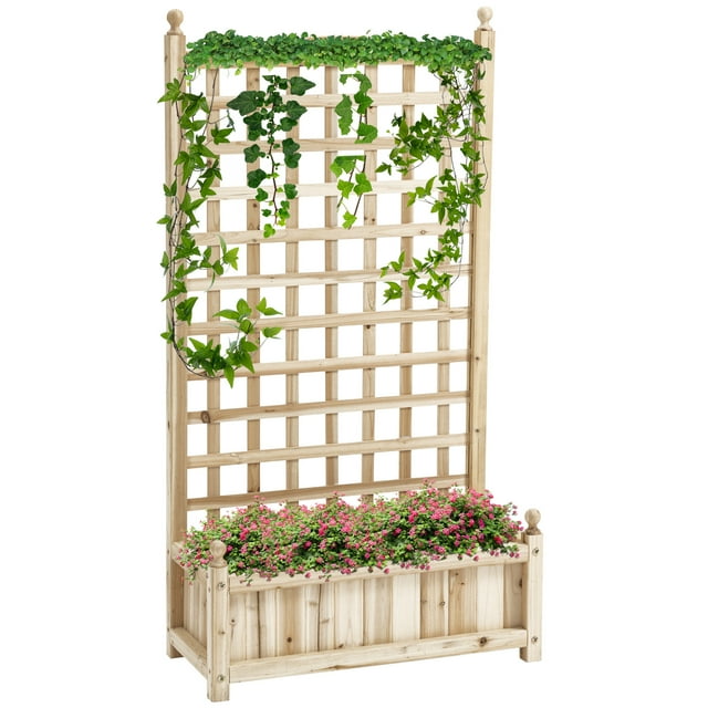 Outsunny Jardinière Surélevée avec Treillis Bac de Plantation en Bois Bois Naturel