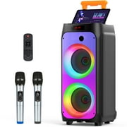 JYX 500W Powerful Karaoke Machine, Singing Machine with 2 Mic, Wheels and Handle, DJ Light, Bluetooth Karaoke Speaker PA System for Outdoor Party and Home