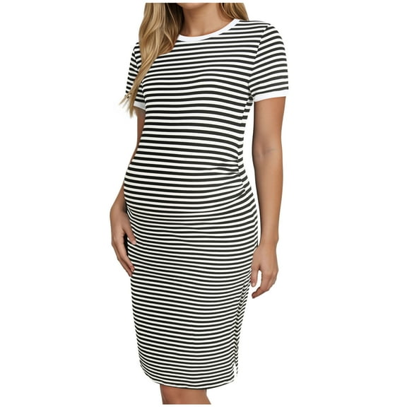 vigerkar Women's Casual Striped Maternity Dress Short Sleeve Sleeve Split Thigh Bodycon Dresses Pregnancy Clothes White, S