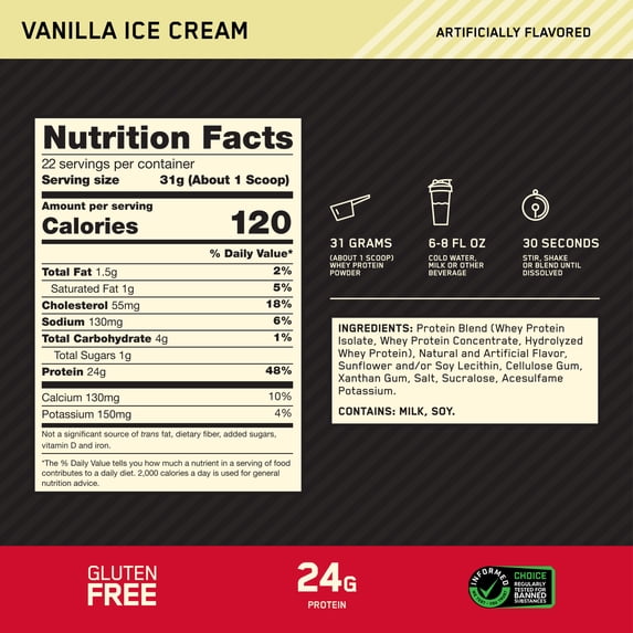 Optimum Nutrition, Gold Standard 100% Whey Protein Powder, Vanilla Ice Cream, 22 Servings, image 2