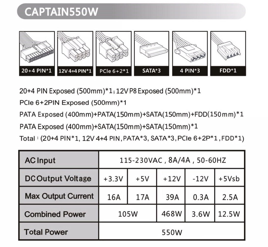Apevia CAPTAIN550 Power Supply - 550 Watt
