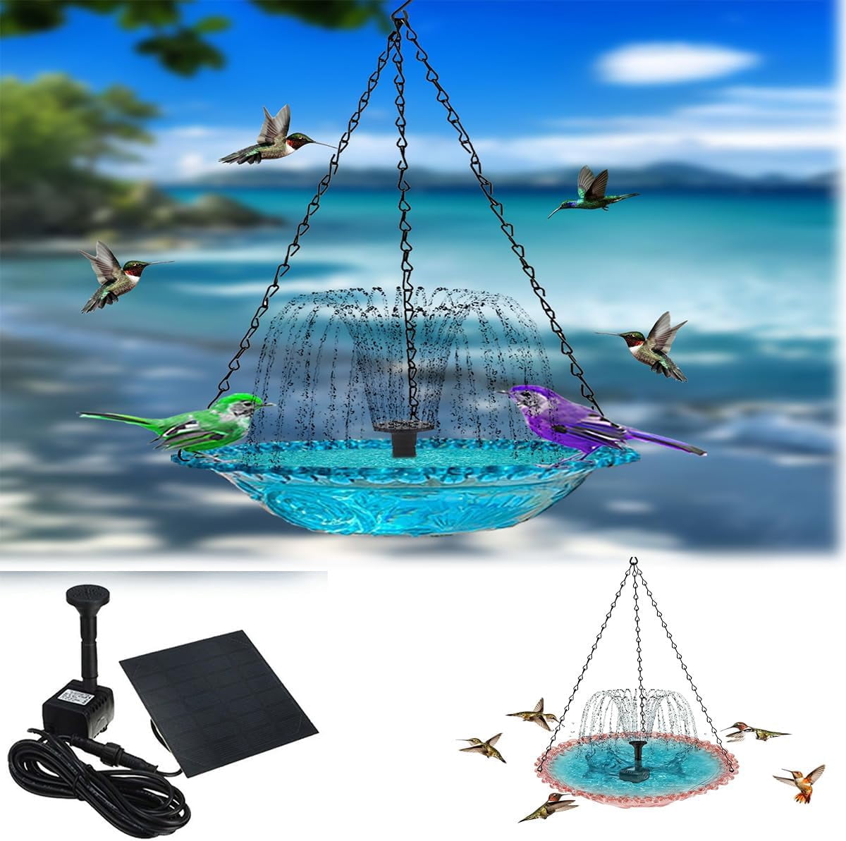 Solar Cascade Hanging Bird Bath Fountain, Outdoor Bathable Bird Feeder, No Wiring or Power Required, Attract Wild Birds & Hummingbirds, for Outdoor Garden, Terrace Decoration