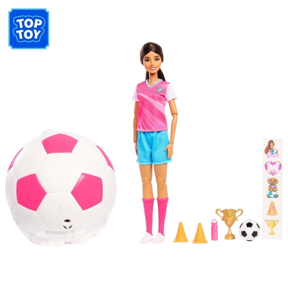 Barbie Team Barbie Roll and Reveal Soccer Player Doll and Accessories with Brunette Fashion Doll, 8 Surprises & Soccer Ball Encasement