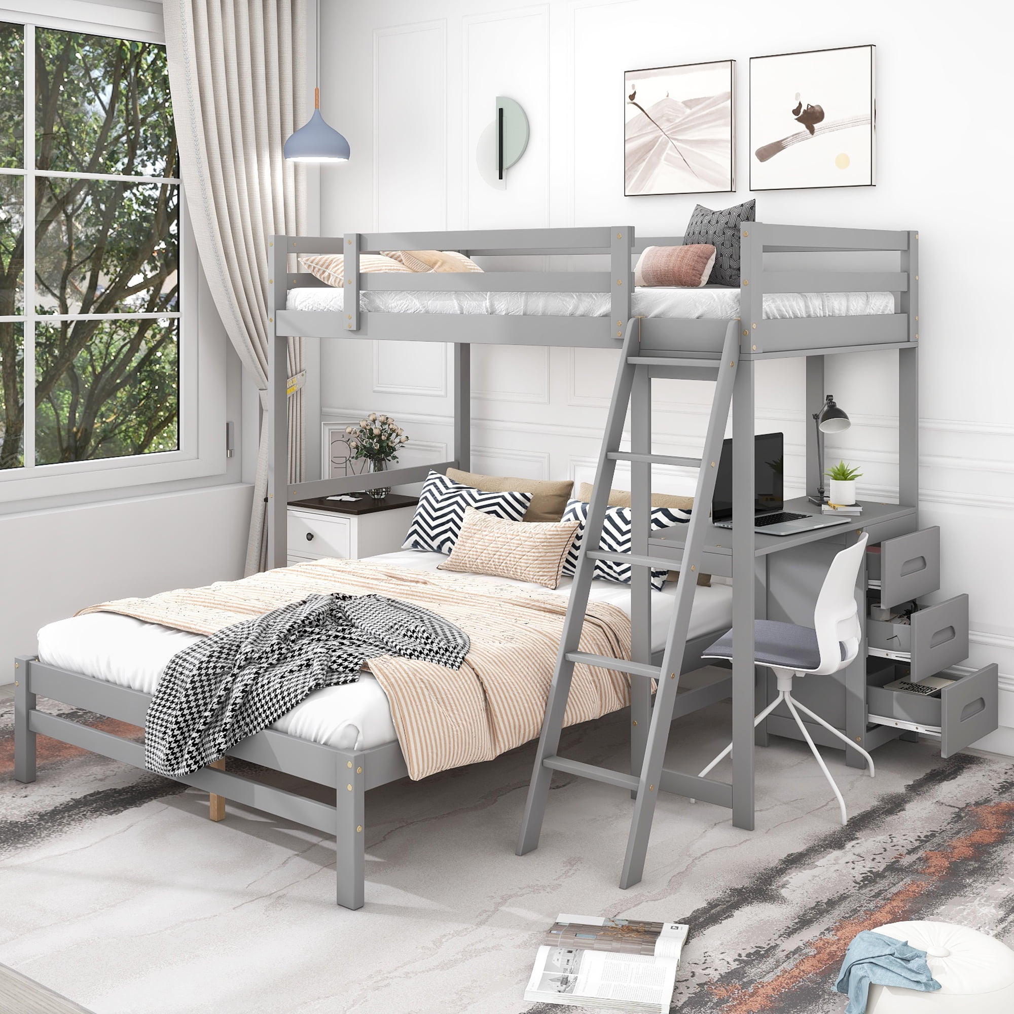 EUROCO Twin over Full Bunk Bed with Desk and Drawers for Kids Teens Room, Gray