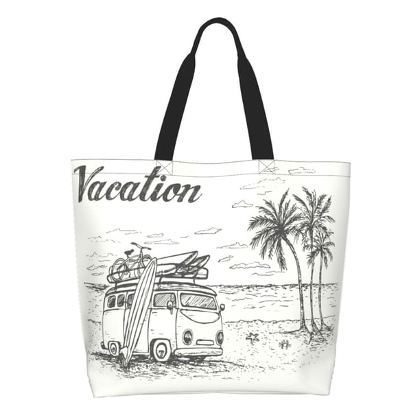 Fotbe Summer Vacation Scene With Camping Van Bolsa Tote Estética de Lona con Estampado para Mujer - Bolsa Reutilizable de Hombro Casual para Vacaciones, Compras, Trabajo y Gimnasio