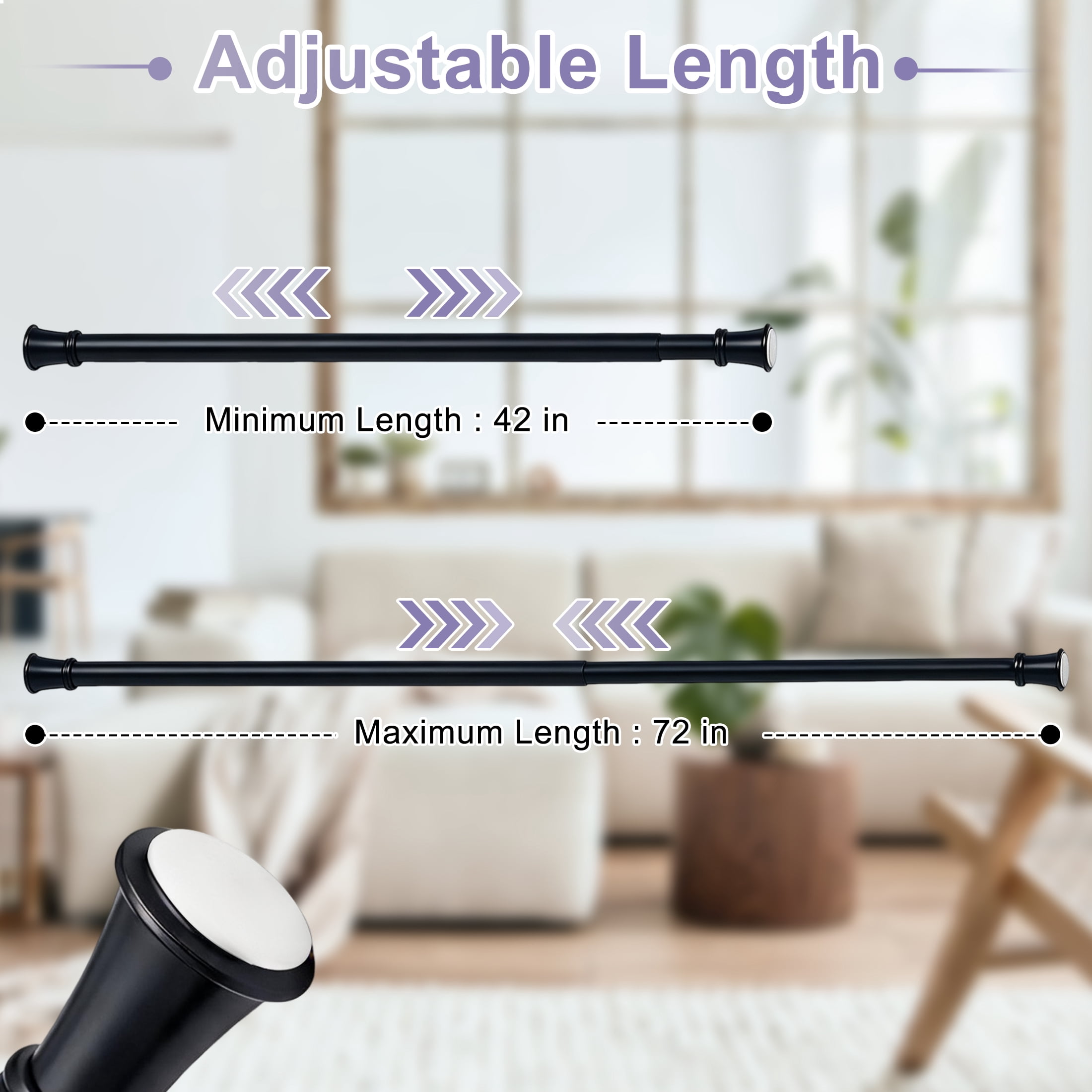 42"-72" Adjustable Tension Curtain Rod, No Drill Black Shower Curtain Rod, Tension Bar for Bathroom Shower Window Closet