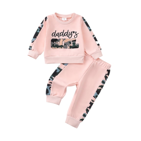 Kucnuzki 12 Months Infant Baby Girls Outfits Set 18 Months Girl Winter Clothes Long Sleeves Letter Print Pullover Sweatshirt Tops Camouflage Pants Warm Clorhing 2pcs Pink