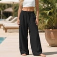 thumbnail image 3 of Linen Pants for Women Drawstring Waist Flowy Lounge Pant Wide Leg Dressy Palazzo Trousers with Pockets Black 3XL, 3 of 6