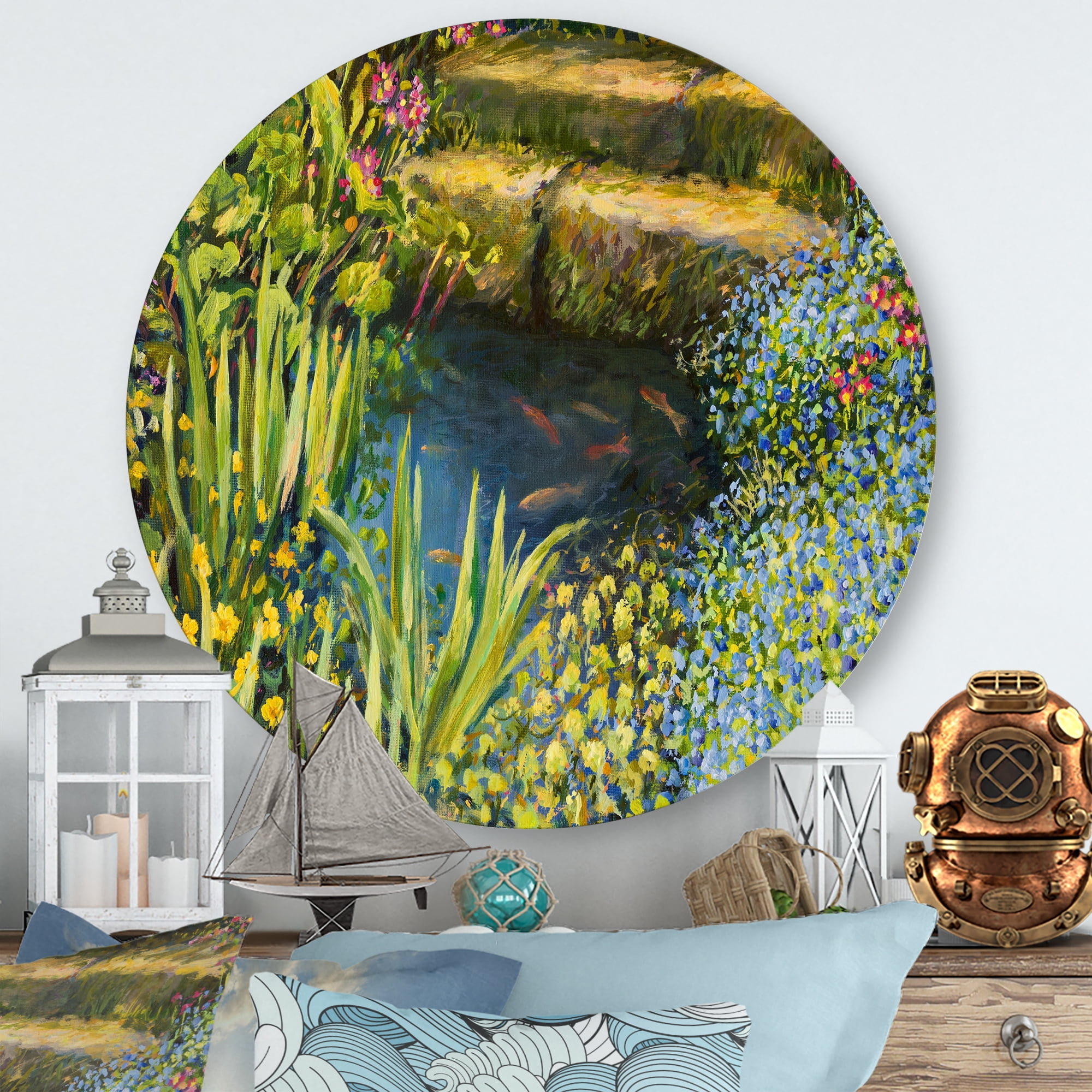 Designart 'Colorful Silence Flowers At The Lake Side' Lake House Circle Metal Wall Art 11x11 - Disc of 11