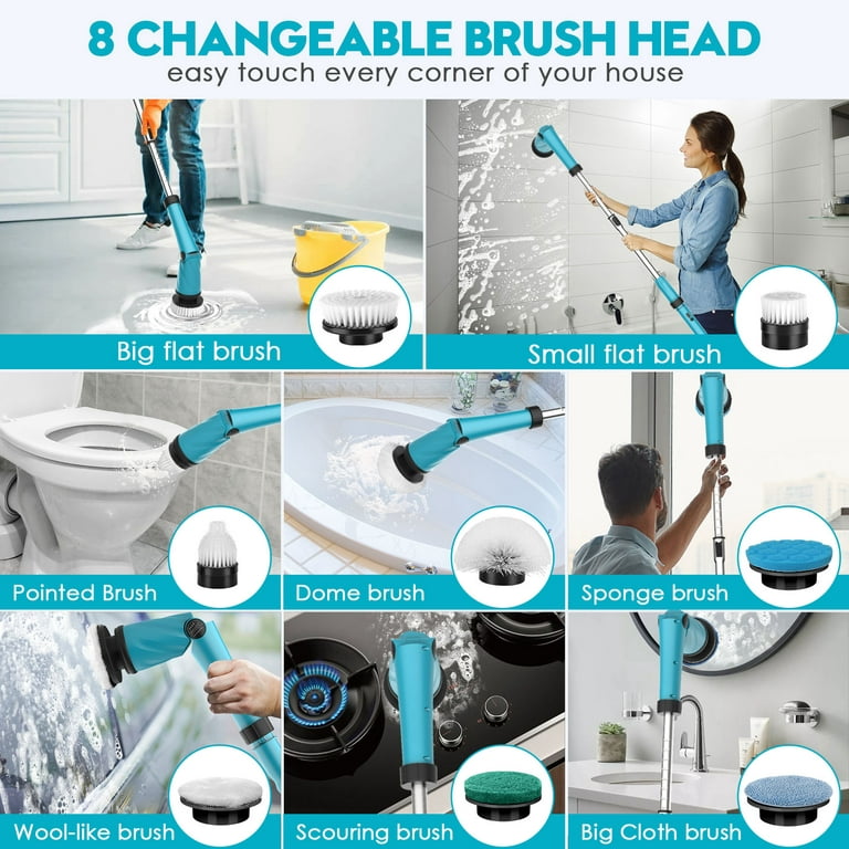 1200RPM Electric Spin Scrubber with Battery, Powerful Cleaning Brush with 8  Replaceable Cleaning Heads, Cordless Shower Scrubber for  Bathroom/Tub/Tile/Floor 