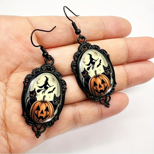 Chic Black Cat & Pumpkin Witch Moon Lace Dangle Earrings - Glass Inlay, Alloy With Iron Posts For Men