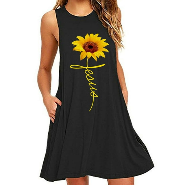 Sexy Dance Robes Courtes Mini pour Femmes Col Rond Robe Débardeur Sans Manches Été Plage Robe d'Été Décontractée Imprimé Tournesol Noir 4TG