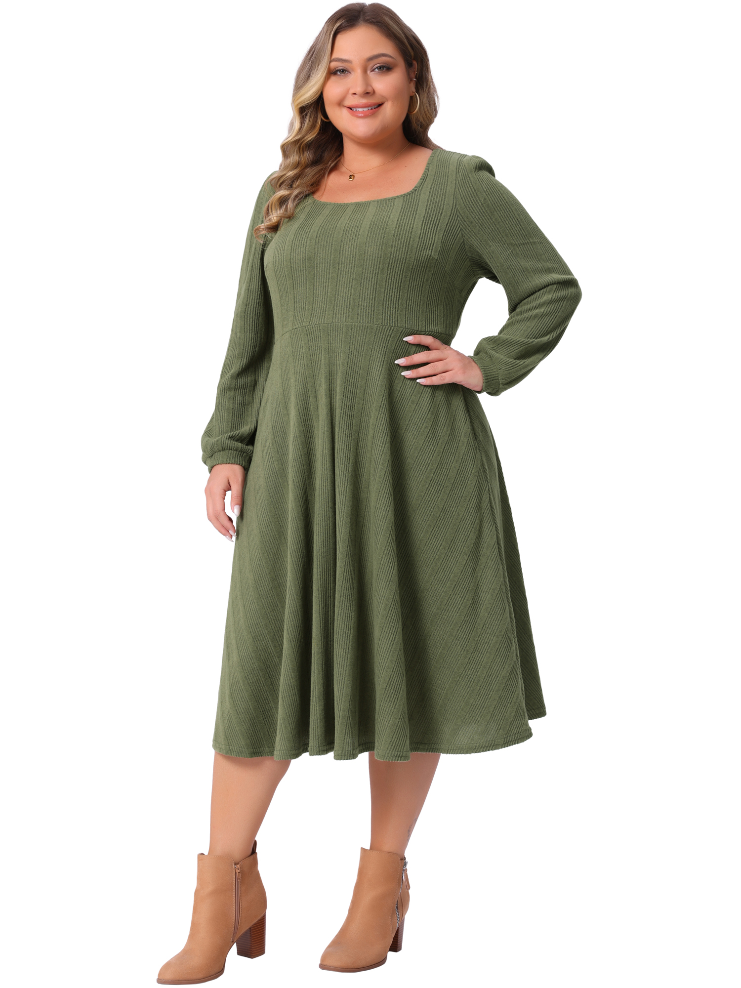 DARING DIVA Plus Size Knit Long Sleeve A Line Midi Pockets Dress 3X Army Green
