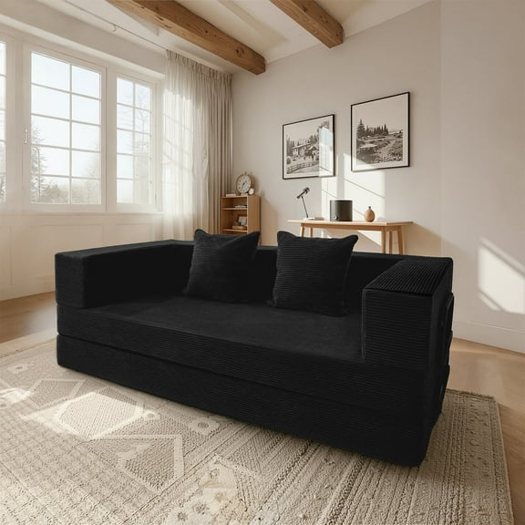 FORZIRAX 82" Convertible Sofa Bed, Boneless Couch with 4 Fixed Shelves & 2 Storage Bags, Modular Pull-Out Couch with High-Resilience Foam, Corduroy Folding Sofa Bed for Living Room, Bedroom，Black