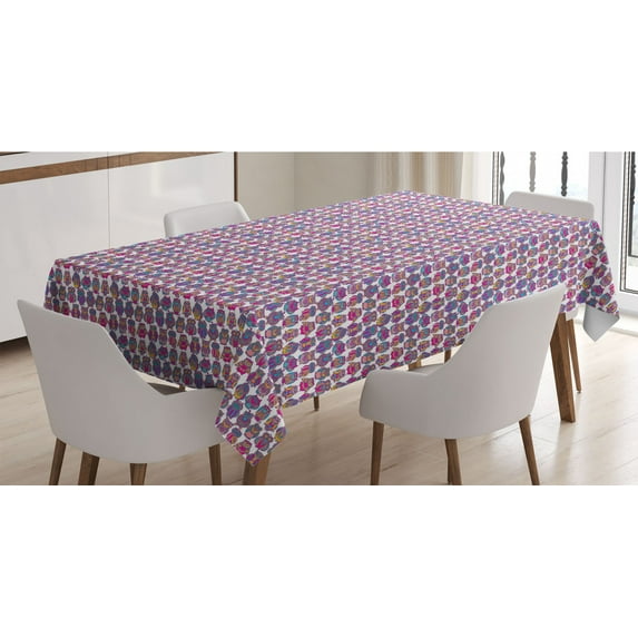 Owl Print Tablecloth, Repetitive Pattern Colorful Abstract Ornamental Bird Image, Rectangle Satin Table Cover Accent for Dining Room and Kitchen, 60" X 90", Multicolor, by Ambesonne