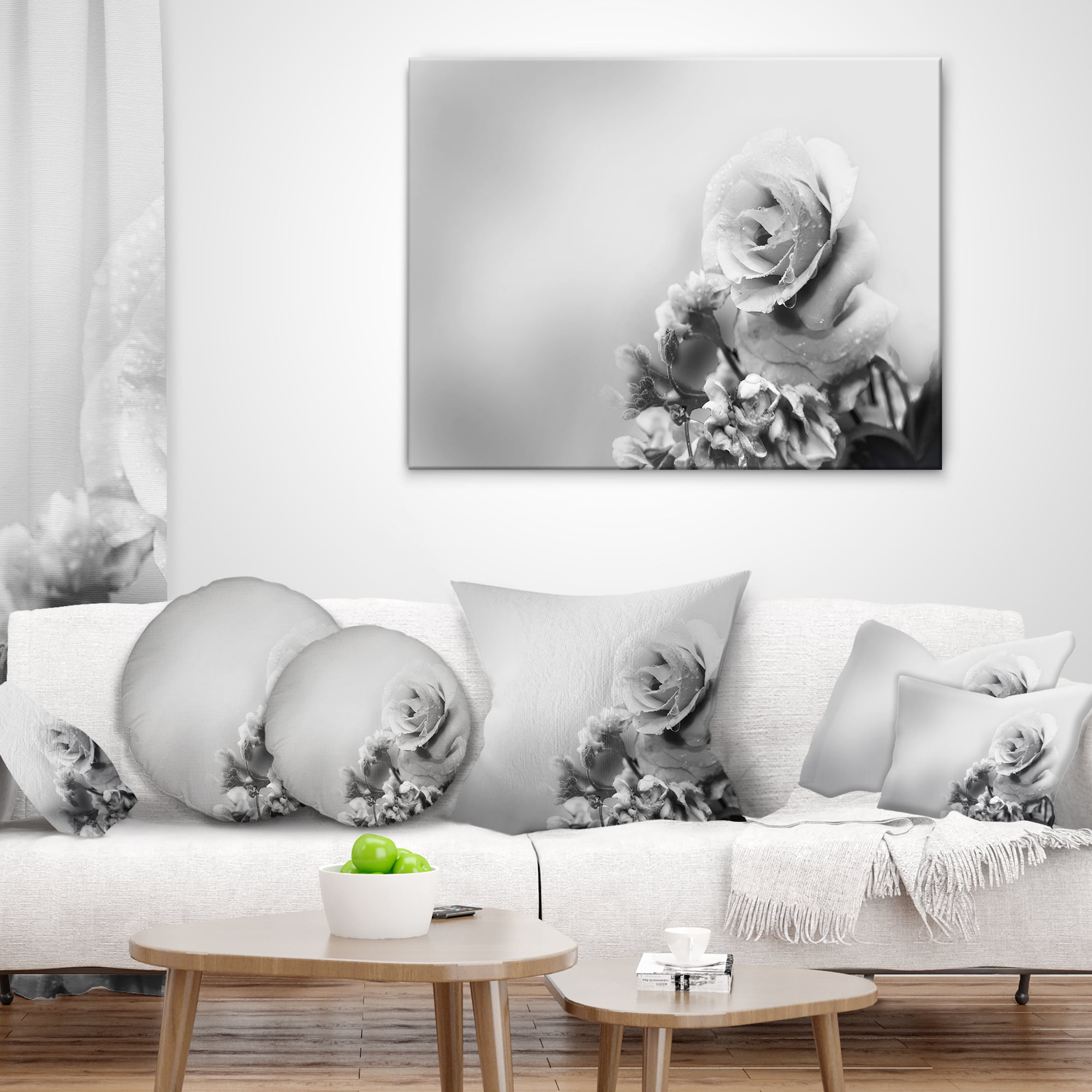 Designart Black and White Rose in Spring. - Floral Throw Pillow - 16x16
