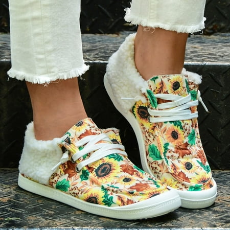 

NEGJ Ladies Warm Casual Shoes Sunflower Print Printing Fashion Color Soft Sole Casual Shoes Non Slip Lazy Casual Shoes