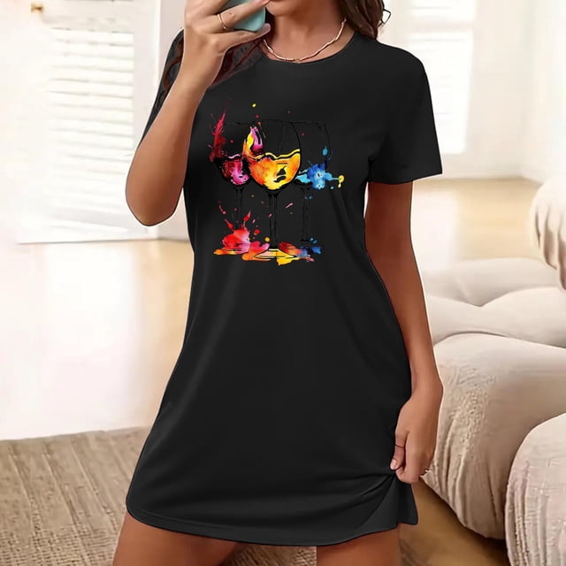 Shorts pour Femmes, Chemises à Manches Courtes pour Femmes, Chemise de Nuit Courte Surdimensionnée pour Femmes Mode avec Imprimé sur la Poitrine Robe de Nuit à Manches Courtes