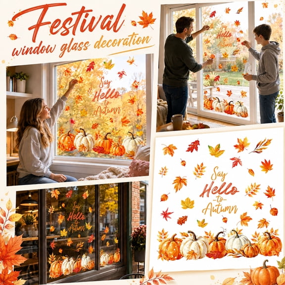 MInHoues 4 Sheets 39 Pcs Thanksgiving Window Clings, Double Sided Static Removable Fall Glass Stickers, Autumn Maple Leaves Pumpkins Holiday Party Decorations for Home Office Window