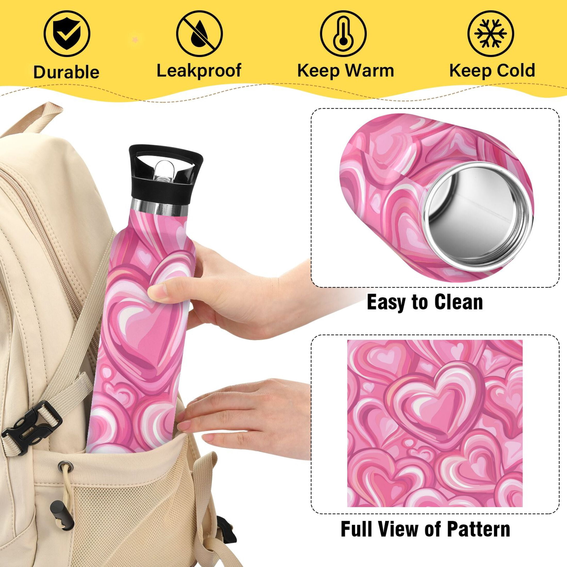 Kids Insulated Stainless Steel Sports Water Bottle 600ml (20oz), BPA-Free Pattern with Pink Hearts