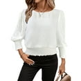thumbnail image 2 of Otntypg Banded Bottom Tops for Women Smocked Tops Elastic Cinched Waist Tunic Top Elegant Dressy Blouse 3/4 Length Sleeve Casual Outfits White M, 2 of 8