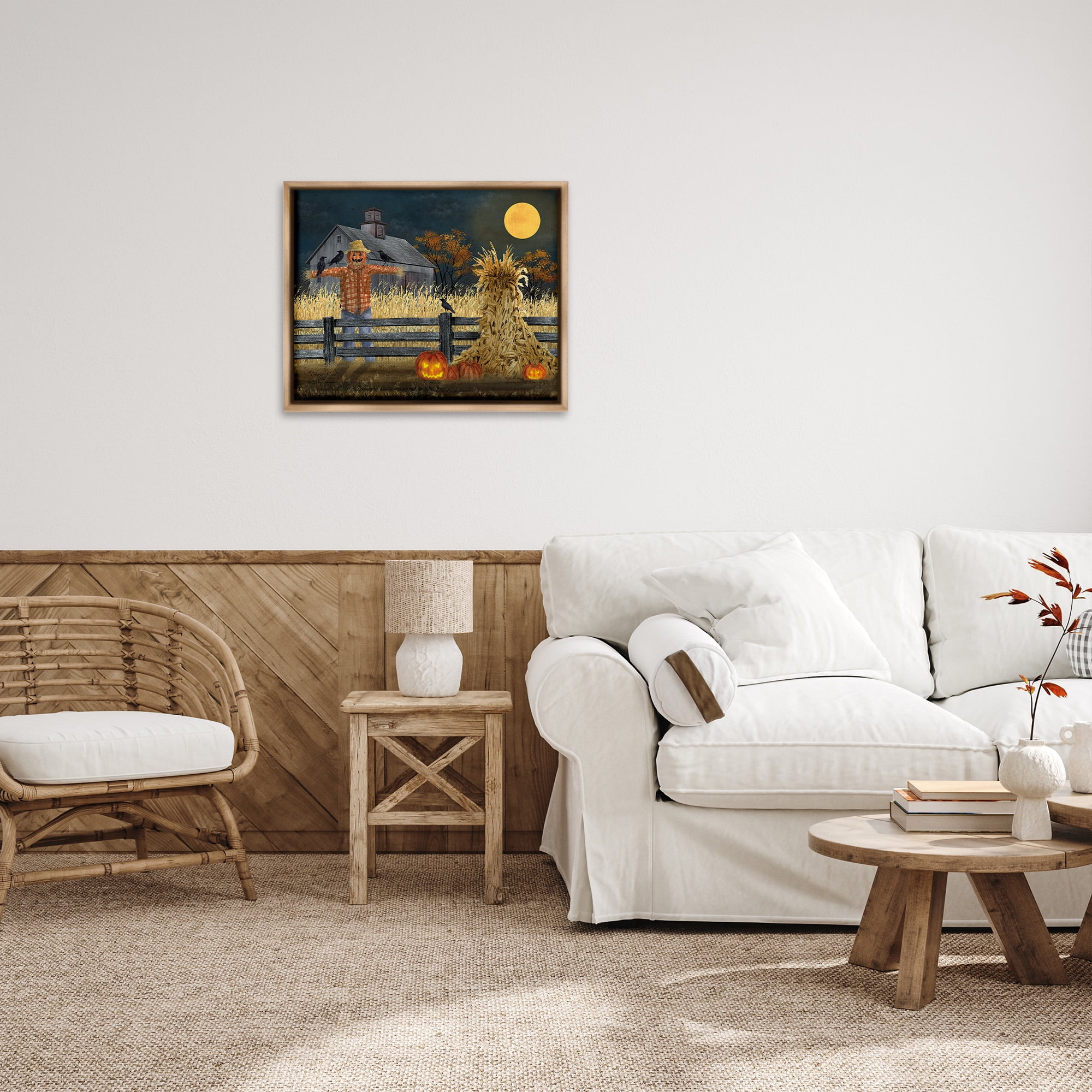 Stupell Industries Scarecrow Farm Landscape Holiday Painting Brown Floater Framed Canvas Art Print Wall Art, 31 x 25