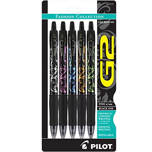 5-Pack, Black Ink Refillable and Retractable Rolling Ball Gel Pens Silver/Pink/Blue/Orange/Green Design Barrels Fine Point 