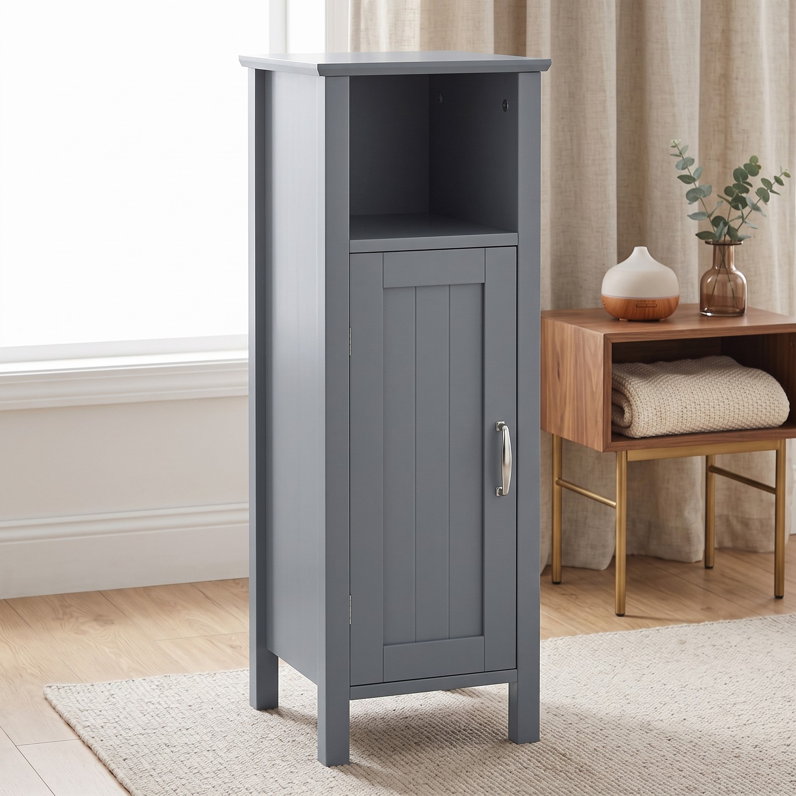 Fenbeli Freestanding Bathroom Storage Cabinet, 2-Tier Floor Organizer with Open Shelf and 1-Door Compartment, Anti-Tip MDF Corner Storage Unit for Bathroom, Gray