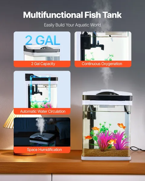 2 Gallon Smart LED Self Cleaning Aquarium Fish Tank 7 Color Clear Glass Square