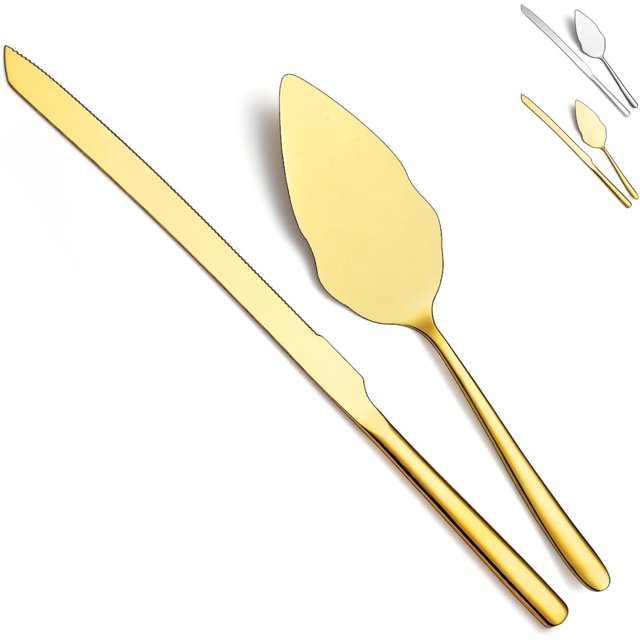 Gold Wedding Cake Knife and Server Set, Stainless Steel Cutting Set for Parties, Activities, Family - Includes Cutter and Server, Dishwasher Safe (Shiny Gold)