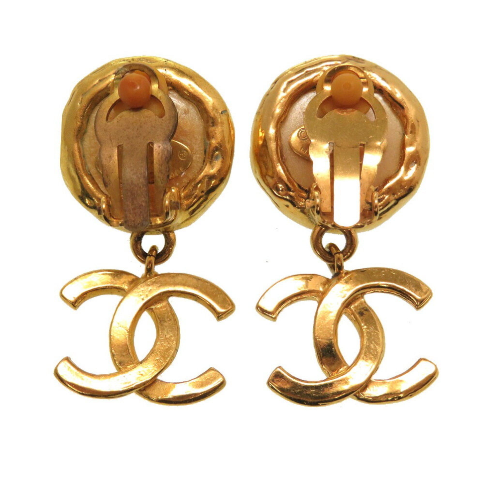 Chanel Vintage Earrings With Golden Cc, Faux Pearl, Black Leather