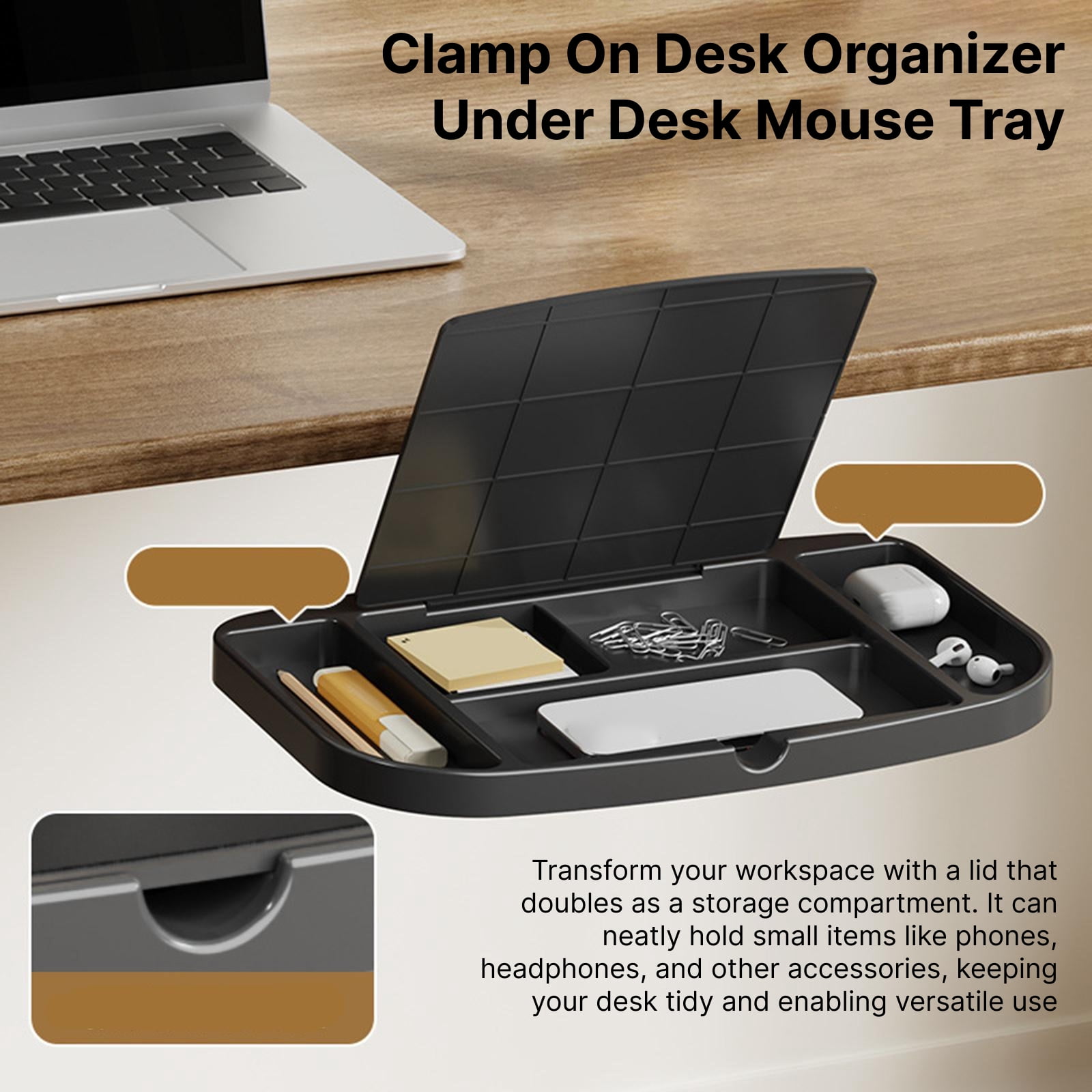 Under Desk Mouse Tray Clamp on Desk Organizer Adjustable Height Space Saving Storage for Home Office Study