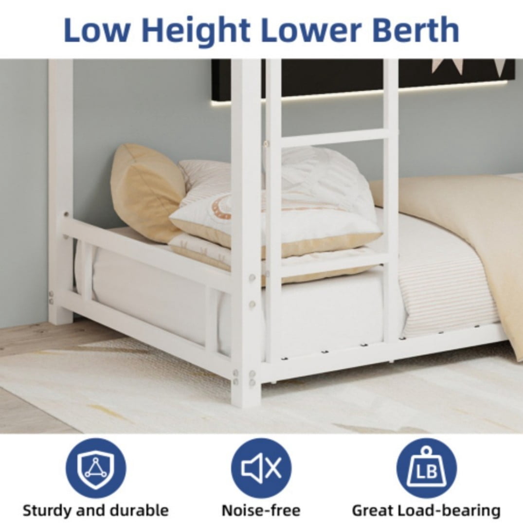 Twin Over Twin Metal Bunk Bed, Heavy-Duty Frame with 13" Guardrails, 3-Step Ladder, Noise-Reduced Slats, No Box Spring, White