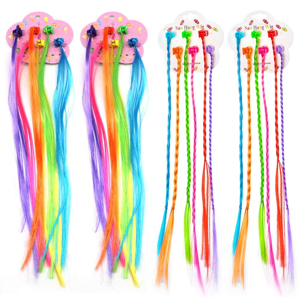 Rmeet Hair Braid Kids,12 Pack Multi-Color Clip-on Braided Hair Extensions Attachments with Neon Snap for Girls Fancy Dress Birthday Party Favors and Children Performance 33CM 
