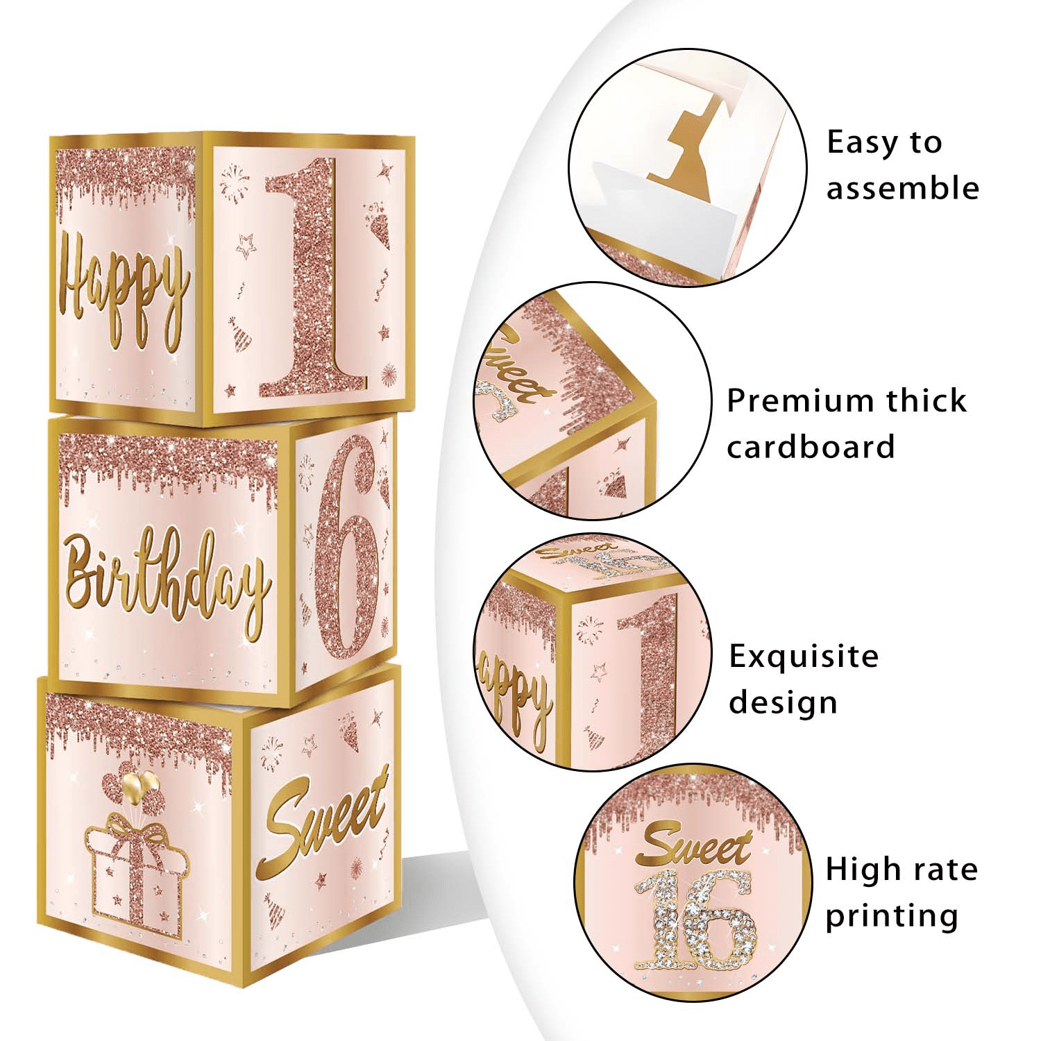 Happy Greetings Sweet 16 Party Decorations Kit for Girls, Rose Gold 16th Birthday Boxes, Balloon, Birthday Banner & Party Supplies Set for Women - 44 PCS