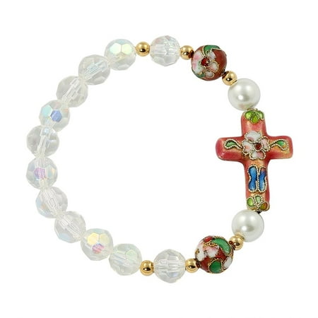 Crystal Enamel Cloisonne - Large Catholic & Religious Bracelet with Cross and Clear AB Glass Crystals Beads, Pink Cloisonne