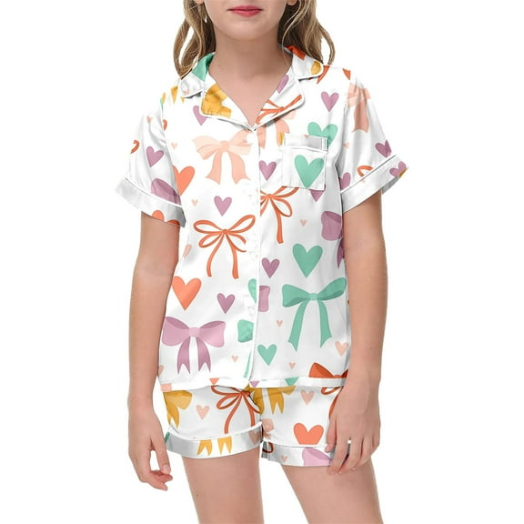 HNMKIU Girls Bow Print Short Sleeve Pajama Set Cute Preppy Two Piece Sleepwear with Silk Lapel Button Down Top Orange,8-9 Years