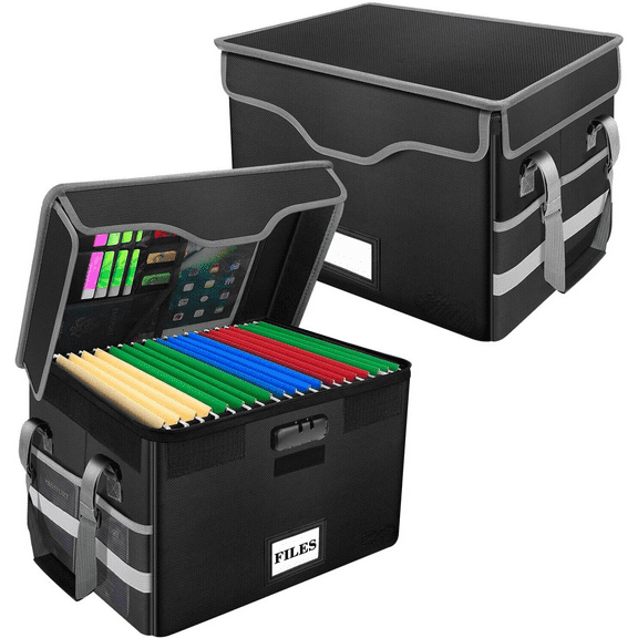 Fireproof Document Box with Lock,File Storage Organizer with Pockets,Collapsible Portable File Box Home Office Safe Filing Cabinet with Handle for Hanging Letter/Legal Folders,Black,2 Pack