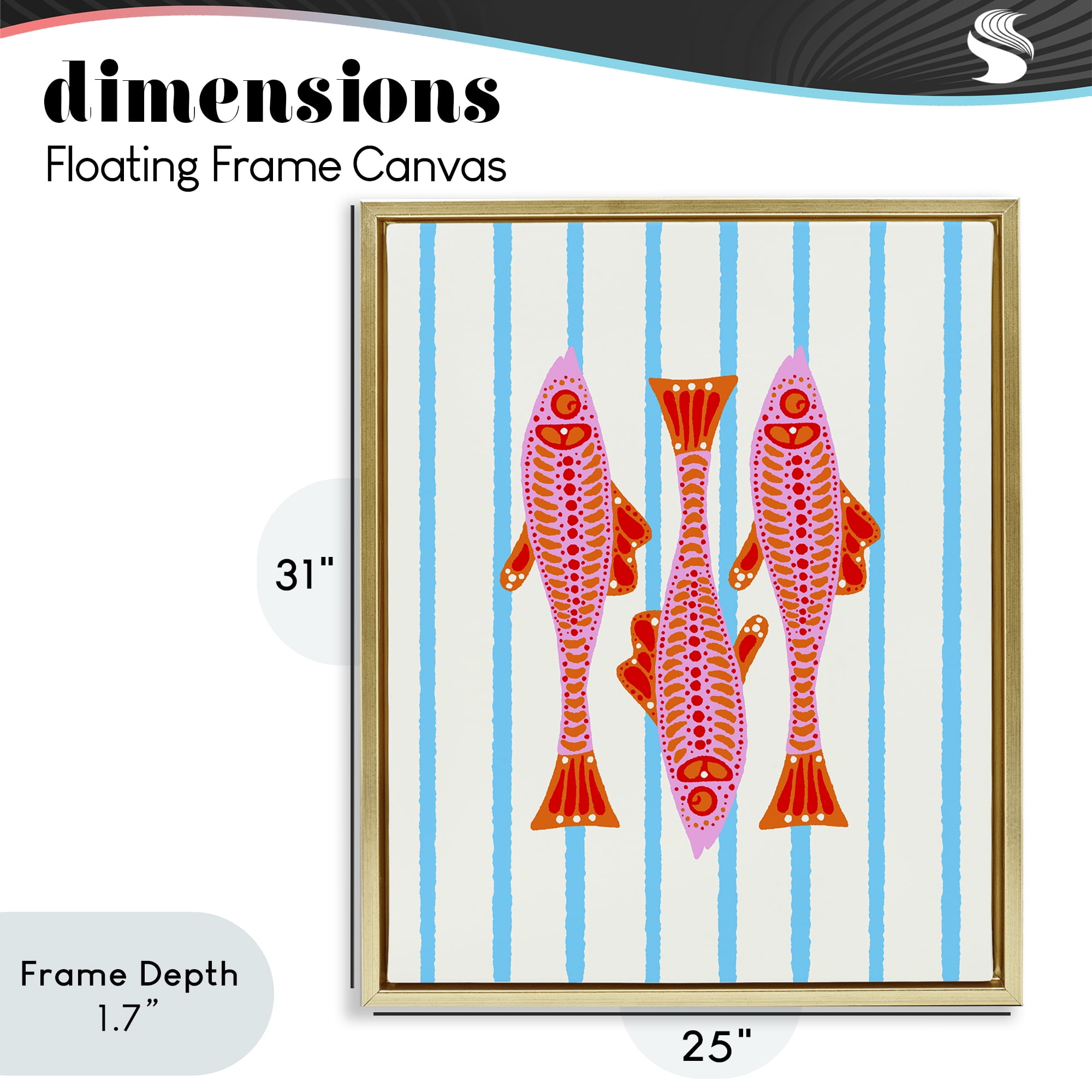 Stupell Industries Bright Aquatic Fish on Stripes Gold Framed Floater Canvas Wall Art, design by Indira Prieto | IndySign