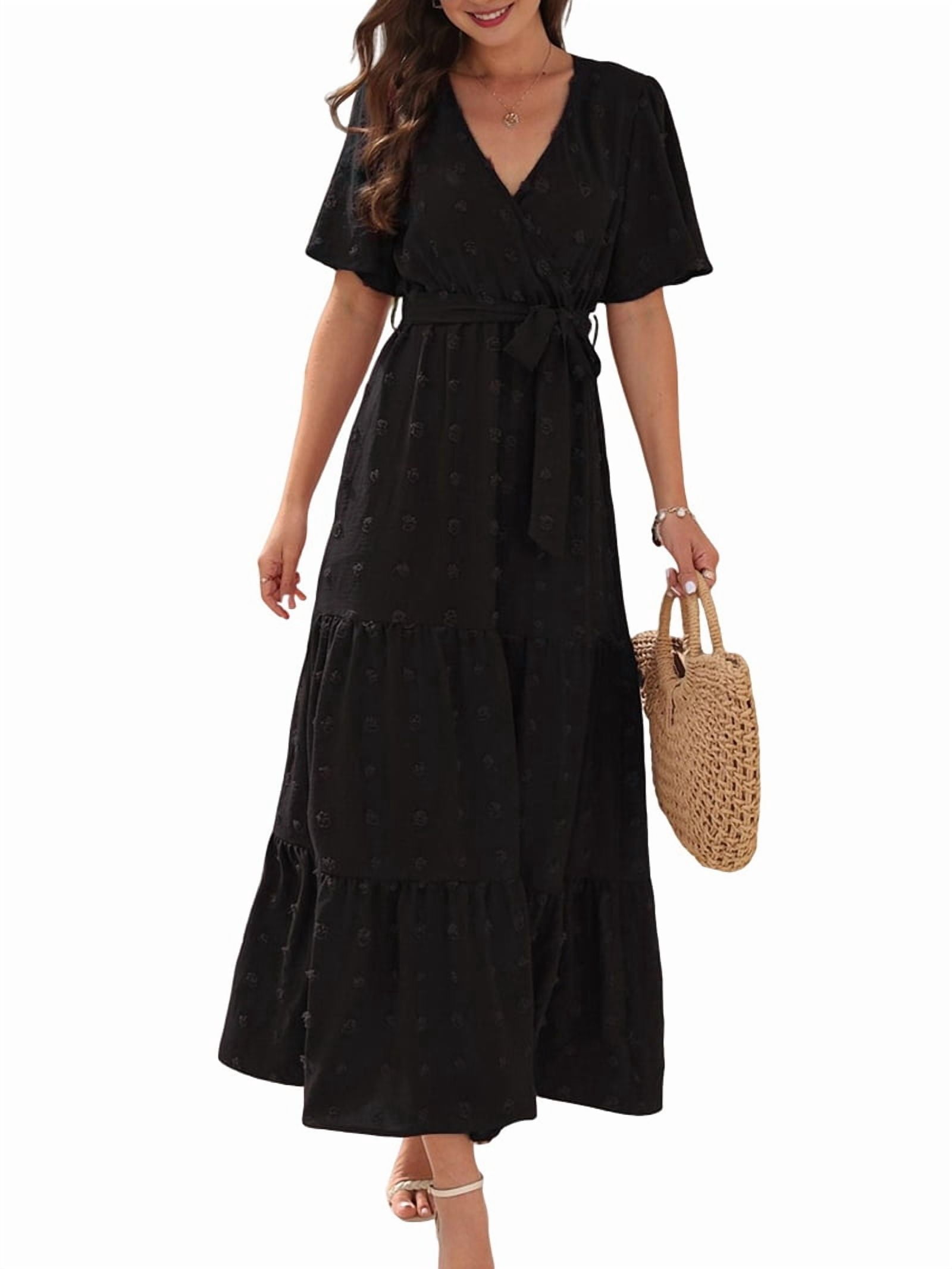 Boho Dot Summer Maxi Dresses for Women Wrap V Neck Short Sleeve Long Flowy Church Wedding Guest Dress Black L