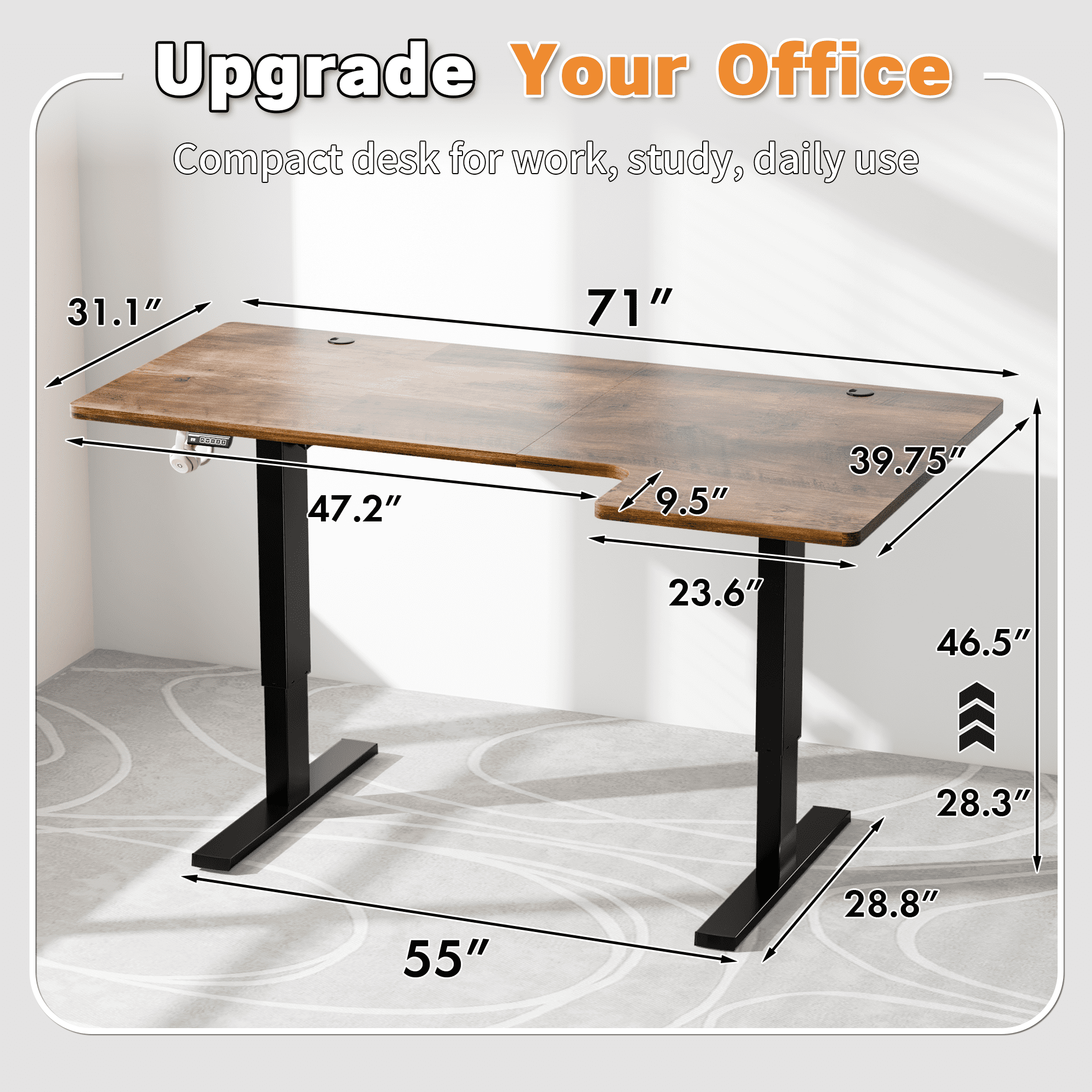 Bashaw 71 Inch Electric L Shaped Standing Desk, Height Adjustable Standing Corner Desk with 3 Memory Presets, Ergonomic Workstation Office Desk for Home/Office