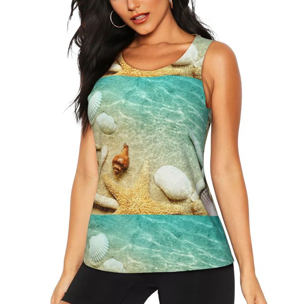 Balery Starfish And Seashell On The Beach Camiseta sin mangas estampada ligera para mujer, tops de entrenamiento sin mangas, camisetas de yoga transpirables de secado rápido.-X-Large