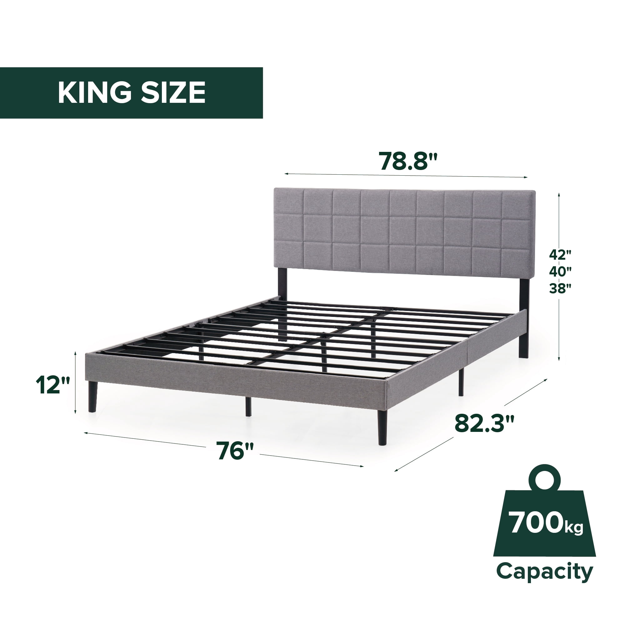 Mainstays Gray Upholstered Square Tufted Platform Bed, King, No Box Spring Needed